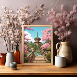 Japanese Art Print Cherry Blossom Wall Art Cherry Blossom Print Japanese Shrine Art Zen Garden Nature Art Temple Artwork image 8