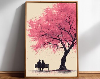 Couple Under Cherry Blossom Tree Print, Romantic Silhouette Wall Art, Digital Download