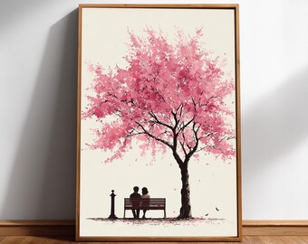 Romantic Couple Art Print, Cherry Blossom Tree Wall Decor, Digital Download