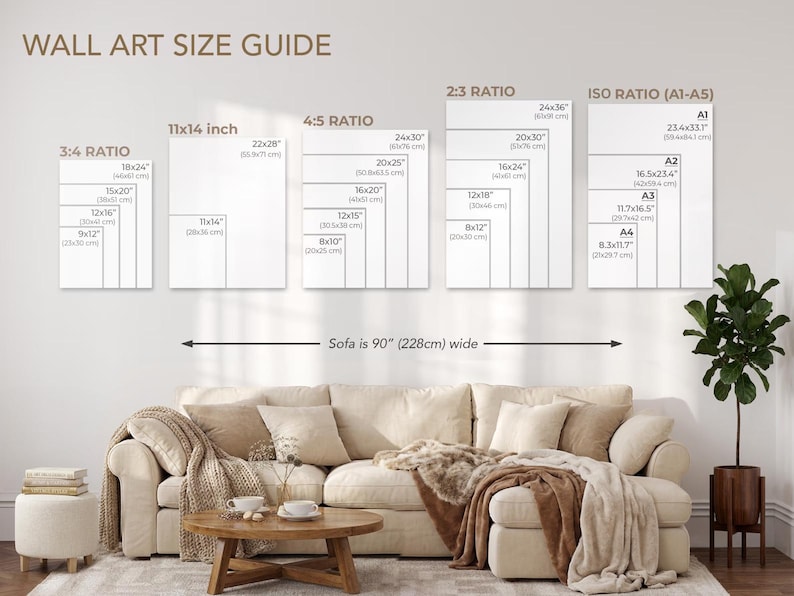 a wall art size guide for various sofa sizes, with a cozy living room setting featuring a beige sofa, a coffee table, and a potted plant.