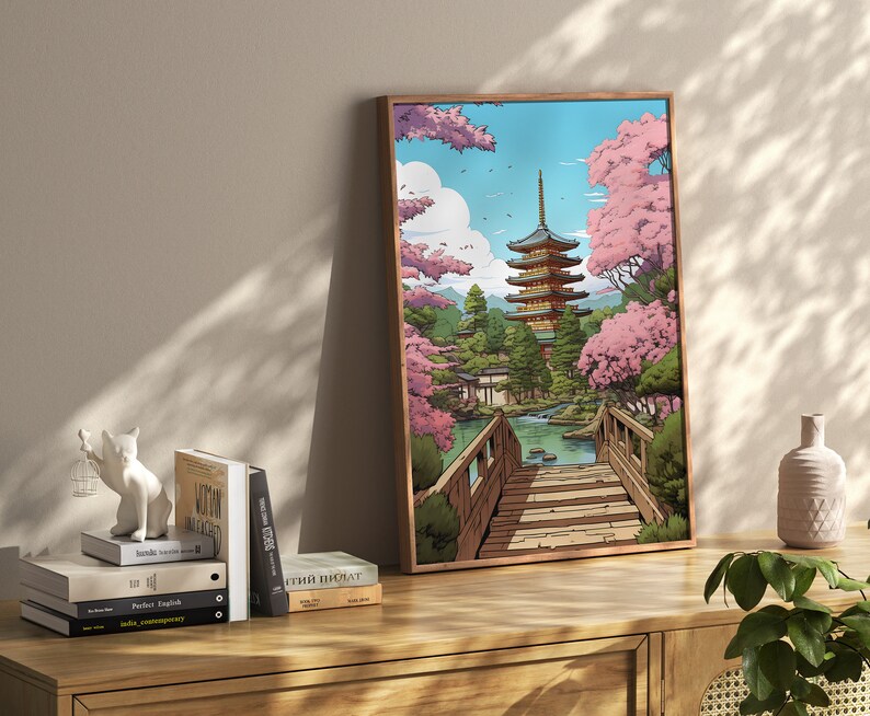 Japanese Art Print Cherry Blossom Wall Art Cherry Blossom Print Japanese Shrine Art Zen Garden Nature Art Temple Artwork image 3