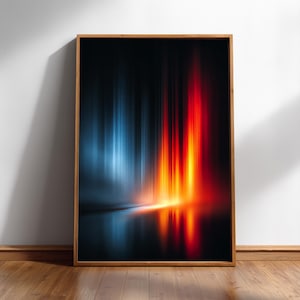 Abstraktes Poster mit Lichtsäulen aus den 70er Jahren - modernes Dekor in blau und orange | Sitzen