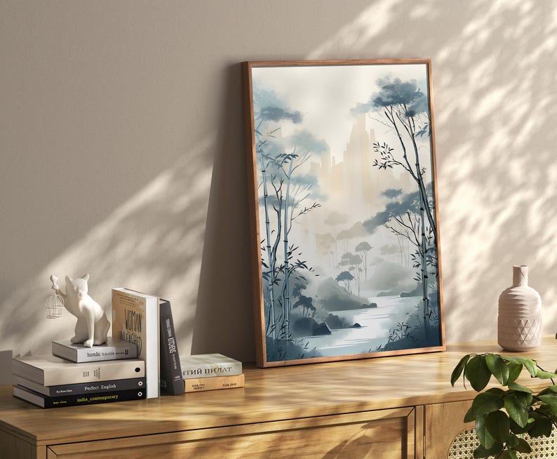 Muurkunst bamboe: kalme zentuin Japanse inkt - Japandi Interior, fine art giclée op premium fotopapier afbeelding 3