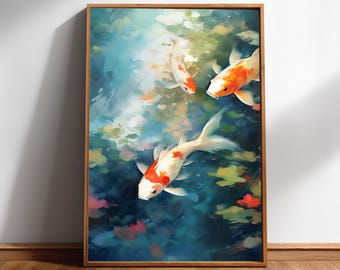 Impresión digital de peces koi: obra de arte de un estanque japonés brillante