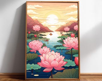 Impresión artística de flor de loto Ukiyo-e - Decoración floral japonesa para pared - Descarga digital