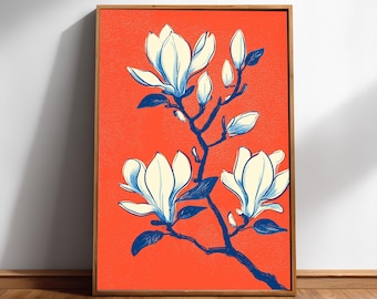 White Magnolia Branch Wall Art, Bold Red Floral Print, Japanese Digital Download