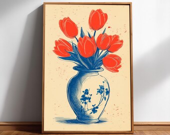 Red Tulips in Blue Vase Wall Art, Floral Still Life Print, Digital Download