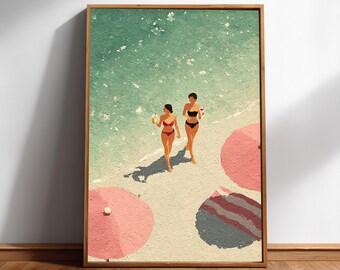 Bikini Stroll Pink Coastal Beach Print - Arte mural de colores vibrantes, tinta de archivo, papel brillante, decoración para sala de estar
