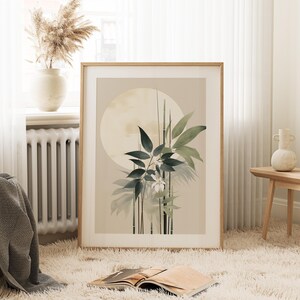 Estampado de tallos de bambú: Obra de arte Sumi-e en verde salvia, tinta de archivo, papel fotográfico brillante / Decoración botánica de pared para una vida tranquila, varios tamaños. imagen 2