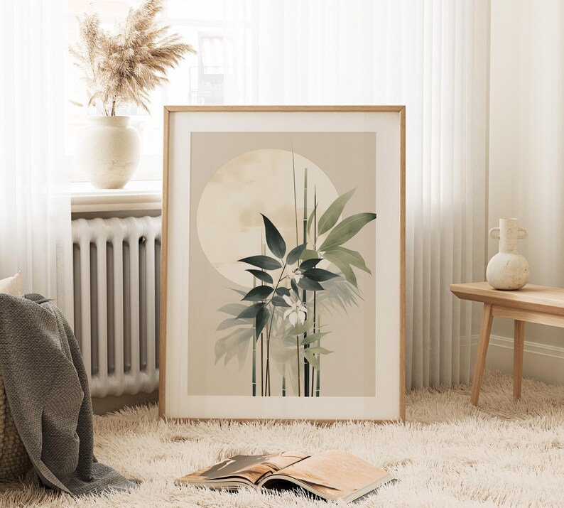 Estampado de tallos de bambú: Obra de arte Sumi-e en verde salvia, tinta de archivo, papel fotográfico brillante / Decoración botánica de pared para una vida tranquila, varios tamaños. imagen 2