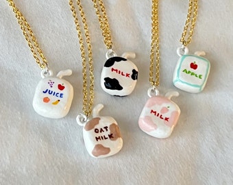 TINY MILK and JUICE Box Necklace! Handmade mini clay milk & juice box charm necklaces!