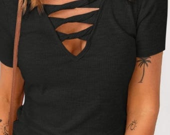 Black Ribbed Tee - Slitted V-Neck