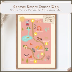 Puede incluir: Un mapa personalizado del atardecer en el desierto enmarcado, con tonos cálidos. El mapa presenta ilustraciones de puntos de referencia como el Parque Nacional Arches y el Gran Cañón, con el texto "Custom Desert Sunset Map" y "Warm Tones Printable Adventure Map".
