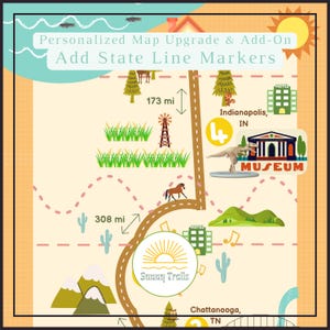 Puede incluir: Un diseño de mapa colorido con el texto "Personalized Map Upgrade & Add-On Add State Line Markers". El mapa incluye ilustraciones de un molino de viento, un caballo y un museo. Las distancias están marcadas en millas. El mapa presenta el texto "Sunny Trails."