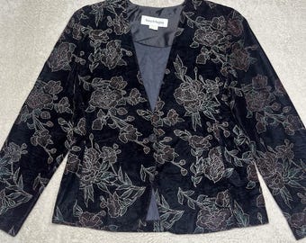 Blazer da donna vintage Norton McNaughton in velluto nero con ricami floreali, taglia 6.