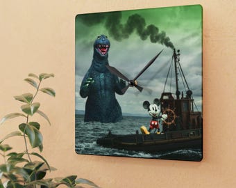 Godzilla and Mickey's Chance Encounter Acrylic Wall Clock, Square Clock, Unique Home Decor, Gift for Disney and Godzilla Fans, Acrylic Decor