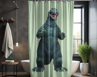 Godzilla Greeting Shower Curtain, Gift for Godzilla Lovers, Unique scary Monster Gift, Funny Gift - Bathroom Decor, Movie Lover Gift, Home