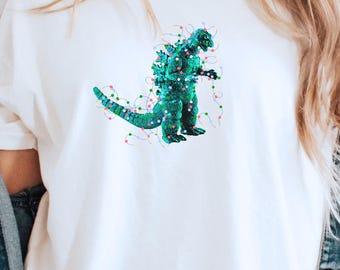 Godzilla Tangled in Christmas Lights Tee | Movie Monster Holiday Shirt