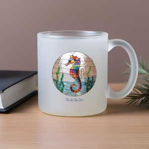 Seahorse Frosted 11 oz Mug, Colorful Glass Coffee Cup, Ocean Theme Tea Mug, Beach Decor Drinkware, Coastal Kitchen Gift