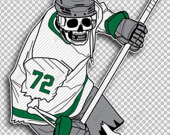 HOCKEY Player SKELETON Art,  Number 72  white-green, Halloween Print, sticker, line drawing illustration (Digital PNG)