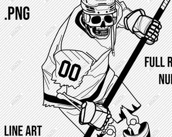 HOCKEY Player SKELETON, All player jersey numbers from 0 to 99, Halloween illustration, Transparent PNG line art (no background)