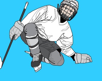 HOCKEY Player touches the ice after SCORING a GOAL, youth minor kid child pee-wee, line drawing art vector ai svg eps dxf jpg png download