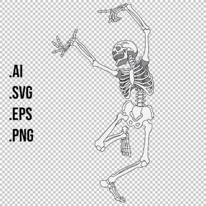 踊るスケルトンのイラスト、骨の単線画、デジタルダウンロードアート、ミニマリスト、不気味なハロウィーン、クリップアート、アウトライン、ベクター、PNG
