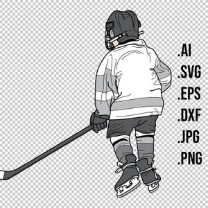 Puede incluir: Una ilustración en blanco y negro de un jugador de hockey que lleva una camiseta blanca con rayas negras y grises, un casco negro con una máscara facial y patines negros. El jugador sostiene un palo de hockey y patina hacia adelante.