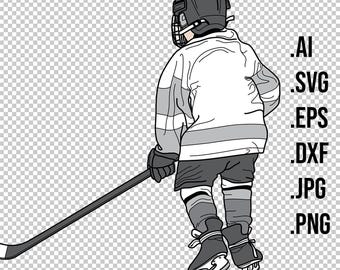 ICE HOCKEY Kid, Child PLAYER back, youth minor mite skater figure from behind, line drawing art vector files ai svg eps dxf jpg png download