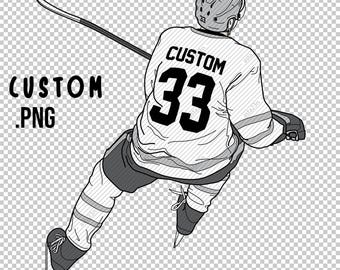 GIOCATORE DI HOCKEY indietro, personalizzato con nome e numero della squadra, vista dall'alto, figura, illustrazione, PNG trasparente, disegno a una linea