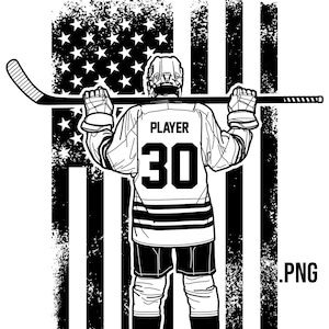 May include: Black and white illustration of a hockey player in uniform, number 30, with a hockey stick over their shoulders. The background features a distressed American flag design. The word "PLAYER" is above the number.