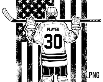 Hockey Player Back View PNG - Stick Across Shoulders - USA Flag - Custom Name & Team Number - Line Art Illustration for T-Shirt