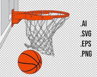 BASKETBALL SWISH Score, Orange Ball through a net, hoop rim, single line drawing, illustration, basket logo, vector files, PNG transparent