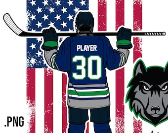 Custom Hockey Player Back View PNG - Stick Across Shoulders - USA Flag - Jersey Number (Digital Download) - Wolfpack 3
