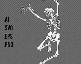 Dancing SKELETON illustration, bones line drawing, minimalist, spooky HALLOWEEN, clipart, outline, vector ai eps svg files, transparent PNG