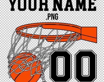 CUSTOM BASKETBALL SWISH Score illustration with Your Team Roster Number and Name at the top, Orange Ball through a net, hoop rim, basket