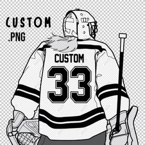 May include: Black and white illustration of a hockey player wearing a jersey with the number 33 and the word "CUSTOM" on the back. The player is holding a hockey stick and wearing a helmet.