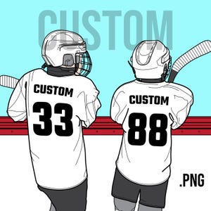 May include: Illustration of two hockey players wearing white jerseys with the word "CUSTOM" and numbers 33 and 88. They are wearing helmets and holding hockey sticks. The background is light blue with the word "CUSTOM" in a larger font.