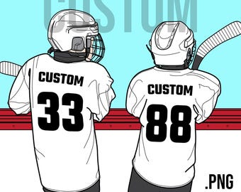 Custom Two HOCKEY players, friends, TEAMMMATES from behind, standing by the ice rinks board, PERSONALIZED with Number and Name, png download