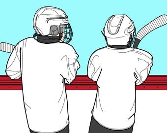 Two HOCKEY players, friends, TEAMMMATES, seen from behind, standing by the ice rinks board, line art vector ai svg eps dxf jpg png download