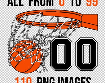 BASKETBALL SWISH Score illustration, Team Roster Numbers 0-99 SET, Orange Ball through a net, hoop rim, basket logo, create custom gifts