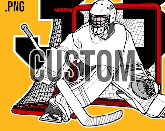 CUSTOM Hockey GOALIE in Goal Net, front view Goalkeeper, Goaltender, youth minor kid child, PERSONALIZED Your Team Number Name, png download