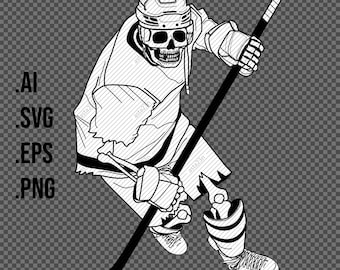 HOCKEY Player SKELETON skating, Halloween digital print, sticker, line drawing illustration, VECTOR ai eps svg, clear png, skull bones stick