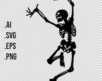 Dancing SKELETON illustration, bones single line drawing, digital download art, minimalist black, HALLOWEEN, clipart, outline, vector, PNG
