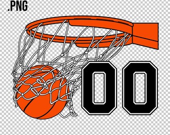 CUSTOM BASKETBALL SWISH Score illustration with Your Team Roster Number, Orange Ball through a net, hoop rim, basket, for personalized gifts