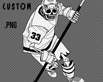 Custom HOCKEY Player SKELETON skating, Personalized with Team NUMBER, Halloween digital print, sticker, line drawing illustration, clear png