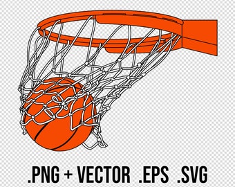 BASKETBALL Swish Score, VECTOR ai, eps, svg, png transparent background, Ball through a net, hoop rim, basket LOGO, create custom gifts