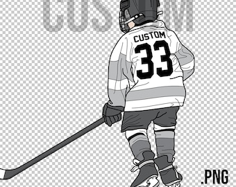 Custom Ice HOCKEY Kid, Child PLAYER back, youth minor mite skater figure from behind, PERSONALIZED with team Number and Name, png download