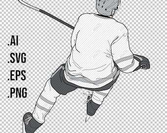 HOCKEY PLAYER back, Skater from behind, figure, view from above, line illustration, vector files, PNG transparent, create custom gifts