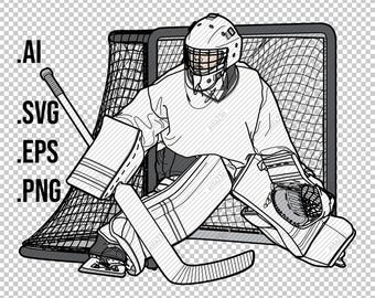 Hockey Kid GOALIE, Youth Hockey Goalkeeper, Goaltender in net, front view, line drawing illustration, vector files, PNG, create custom gifts